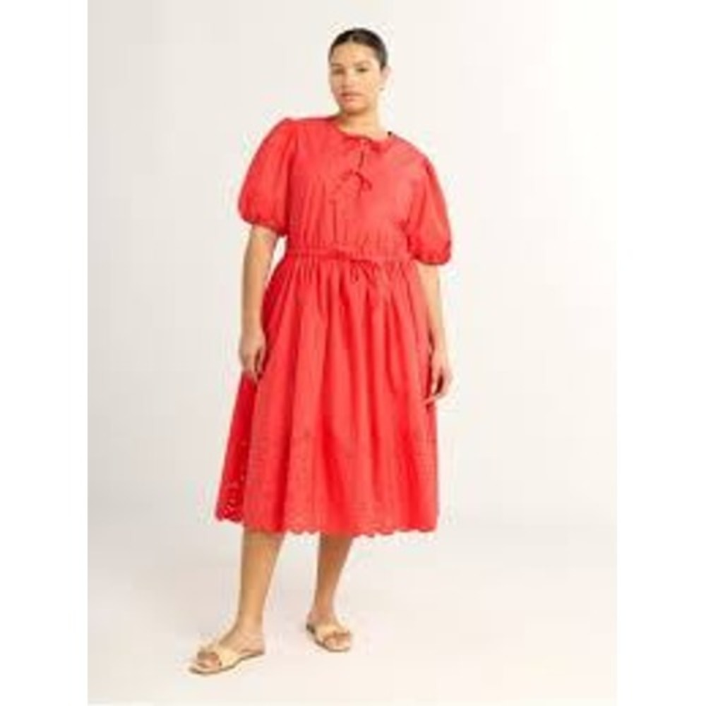 Free Assembly Midi Dress Womens Red Eyelet Hem Puff Sleeve Boho XXL 20